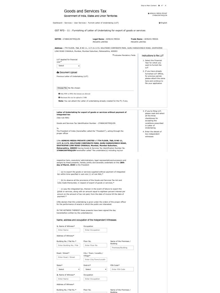 LUT Application for Export Tax Relief | PDF