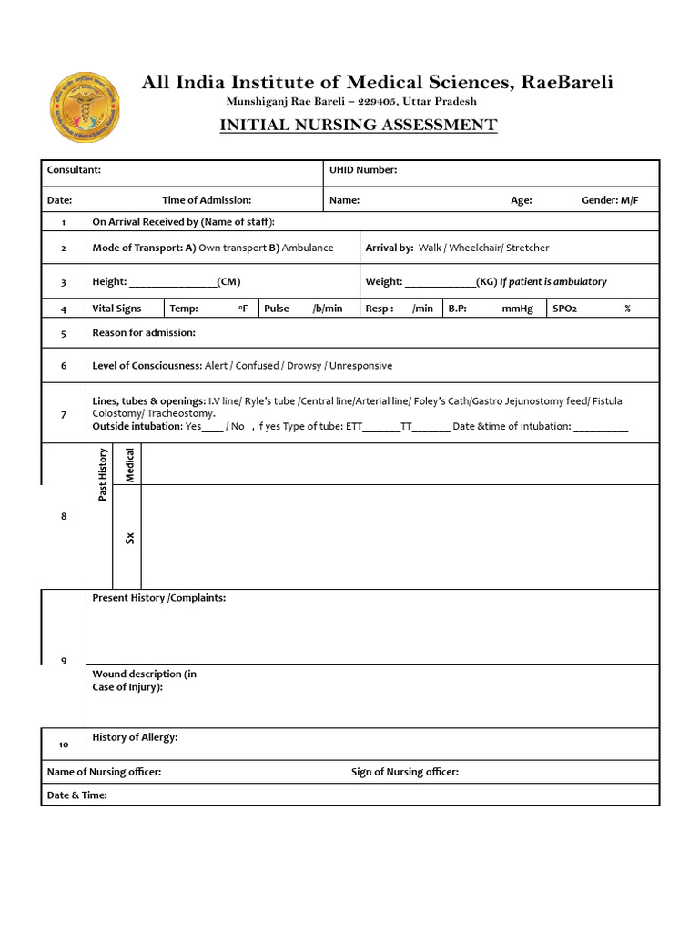 Initial Nursing Assessment Form AIIMS Rae Bareli | PDF | Diseases And ...