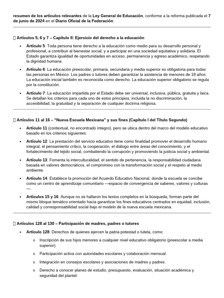 Resumen Ley General de Educación 2024 | PDF | Educación de la primera ...