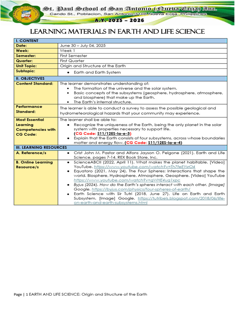 Earth Structure and Life Science Overview | PDF | Earth | Atmosphere Of ...