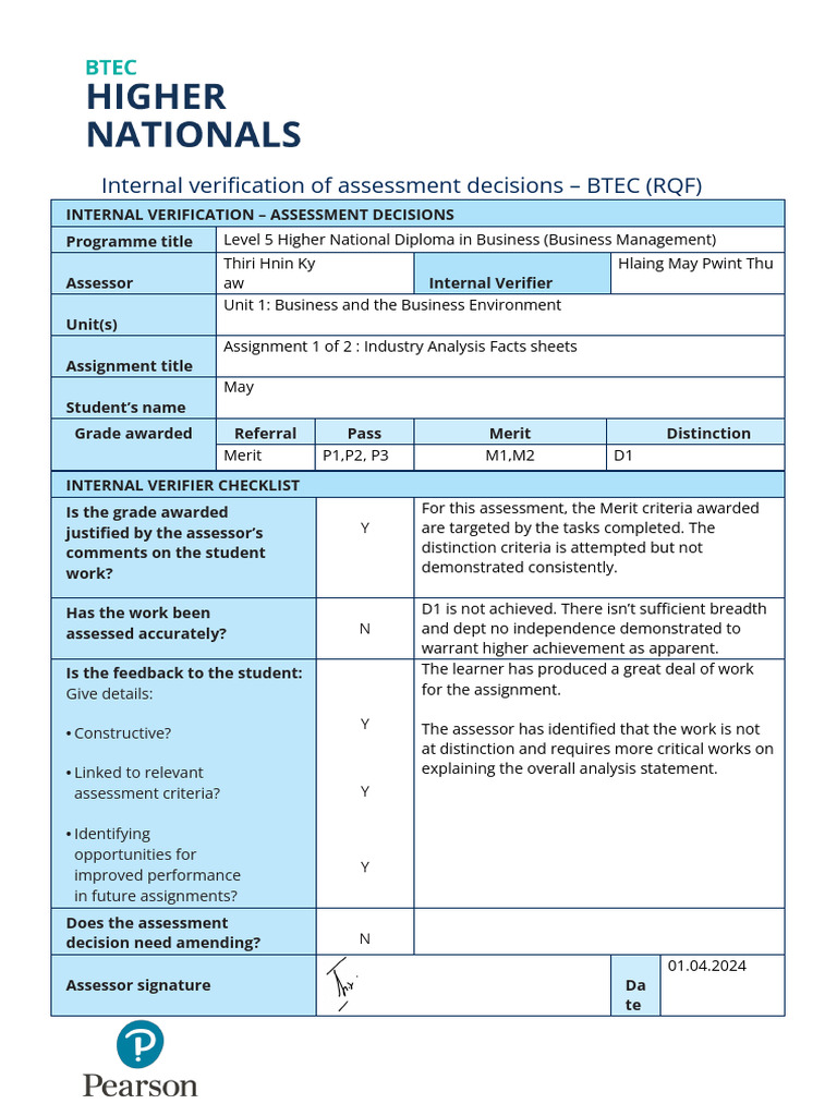 BTEC Internal Verification Assessment Guide | PDF