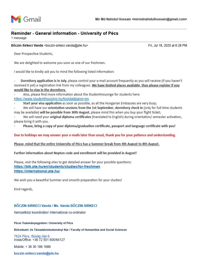 Gmail - Reminder - General Information - University of Pécs | PDF
