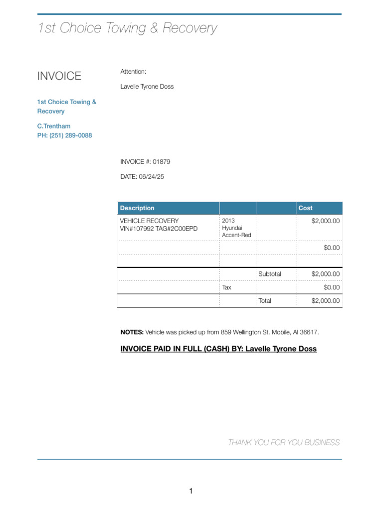 Car Recovery Invoice Template | PDF