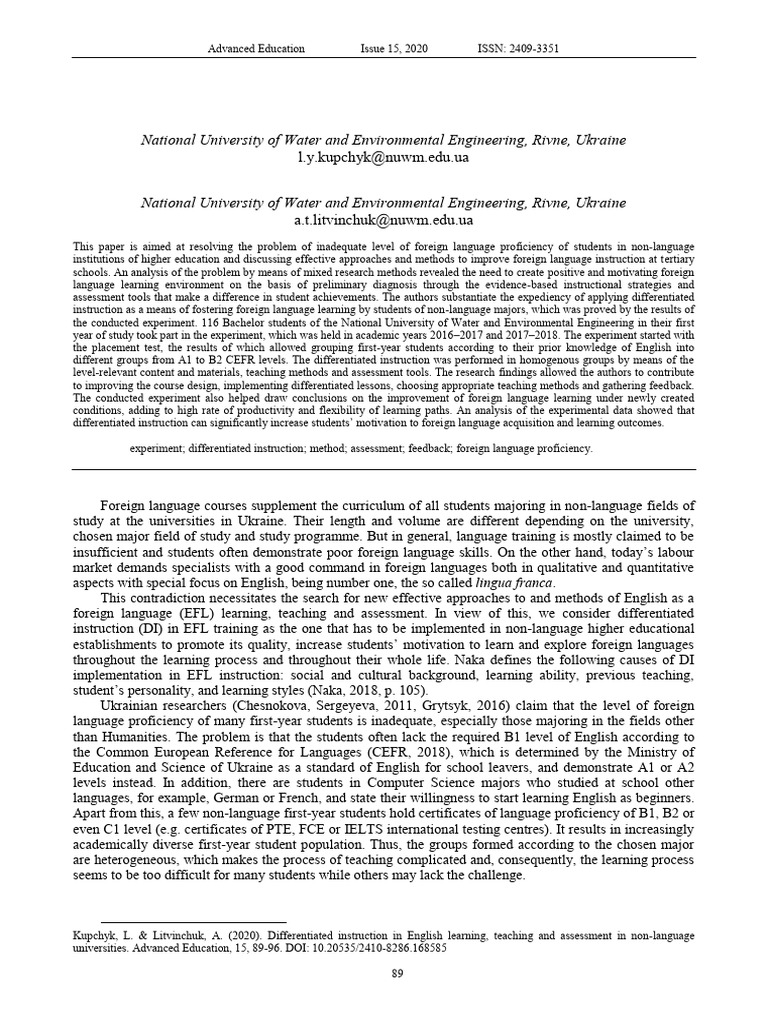 Differentiated Instruction in EFL for Non-Language Majors | PDF ...