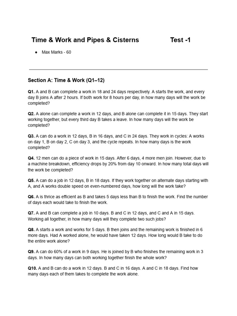 Time & Work and Pipes Cisterns Test | PDF