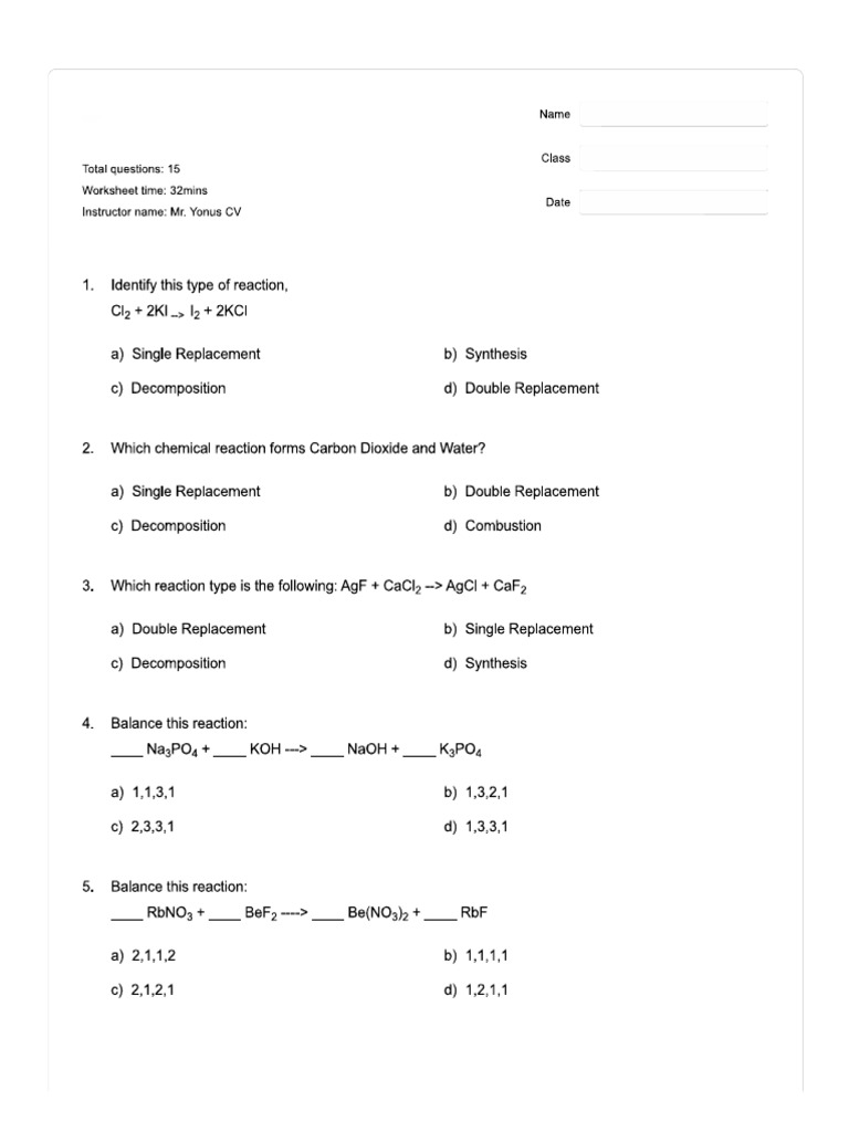 Test On Balancing Equations and Writing Formula | PDF