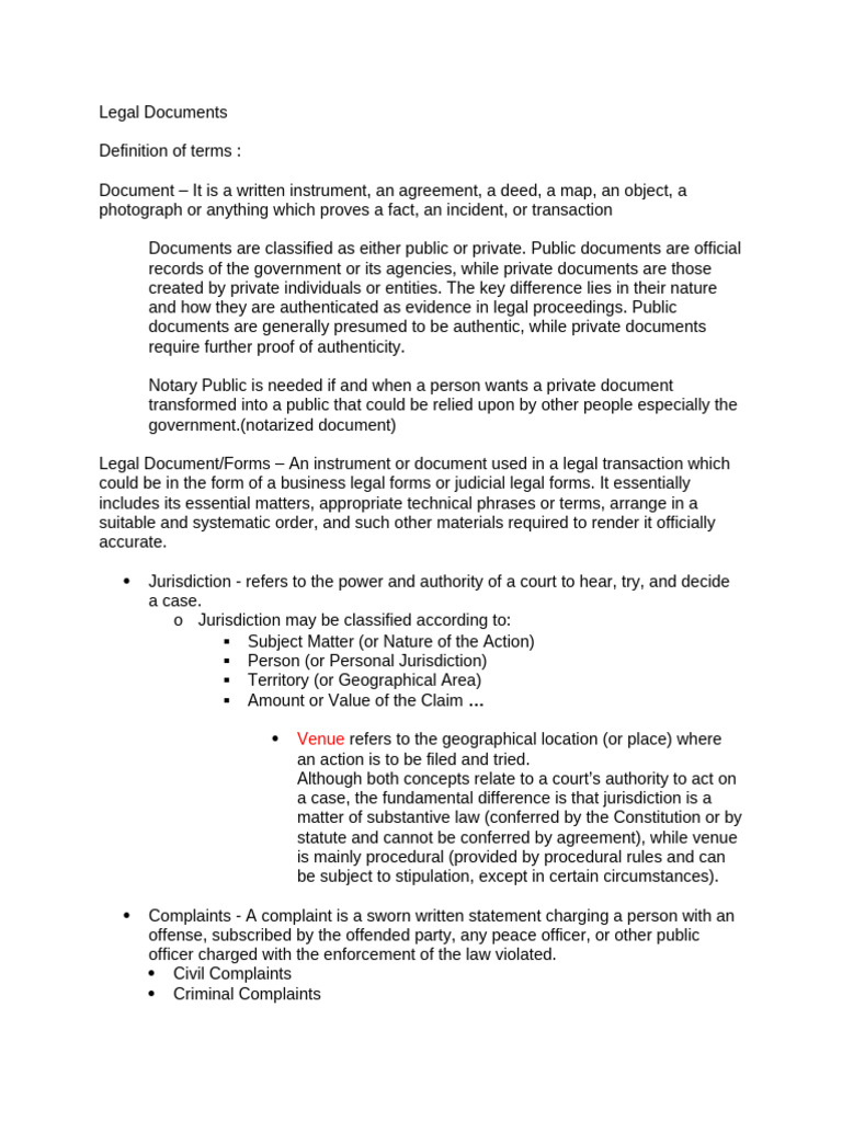 Notes On Legal Documents 2025 | PDF | Complaint | Lawsuit