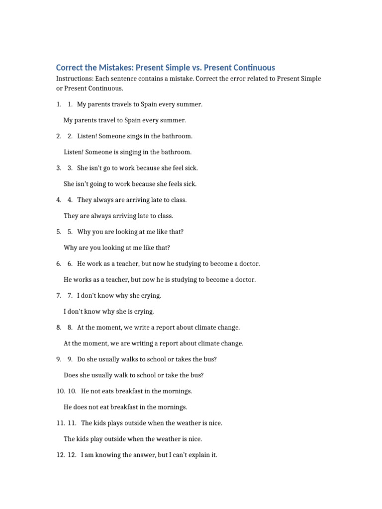 Present Simple and Continuous Corrections | PDF