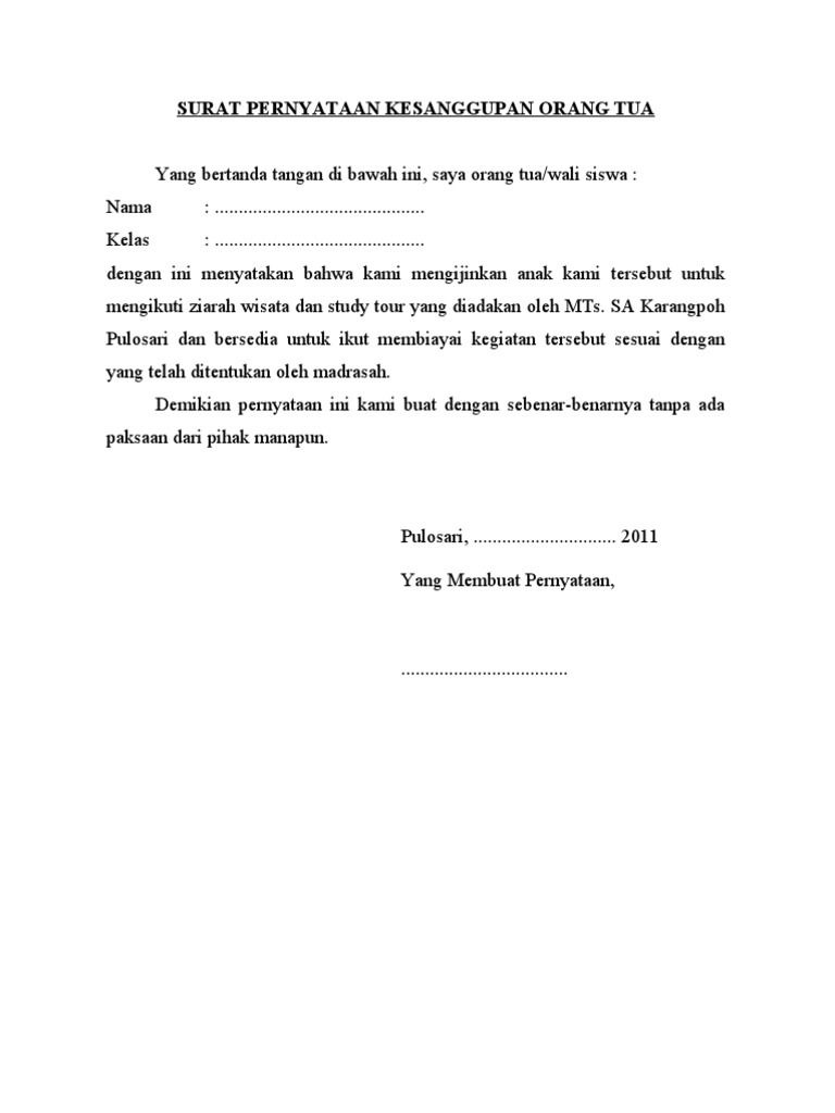 Surat Pernyataan Kesanggupan Orang Tua Pdf
