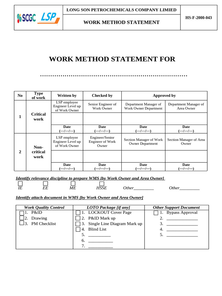 HS F 2000 043 Work Method Statement Form | PDF