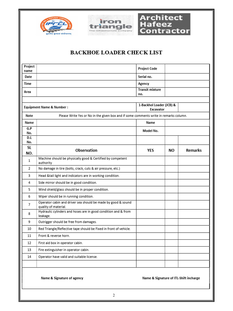 Backhoe Loader Inspection Checklist | PDF