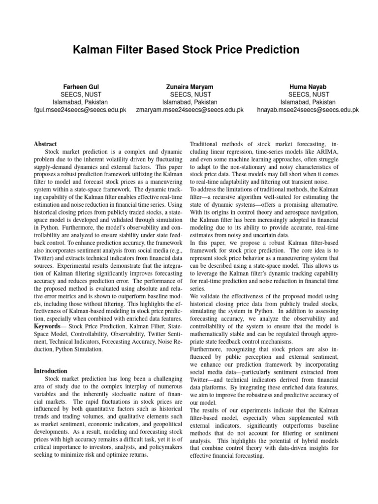 Kalman Filter for Stock Price Prediction | PDF | Kalman Filter | Mean ...
