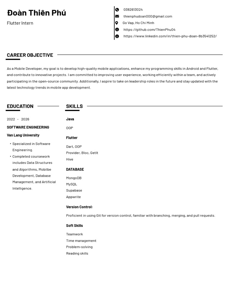 Flutter Mobile Developer Resume | PDF | Mobile App | Databases