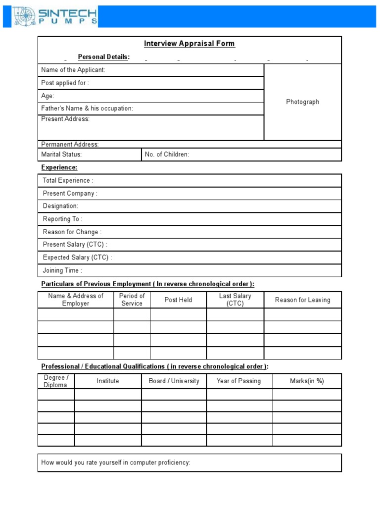 Interview Appraisal Form | PDF | Apprenticeship | Cognition