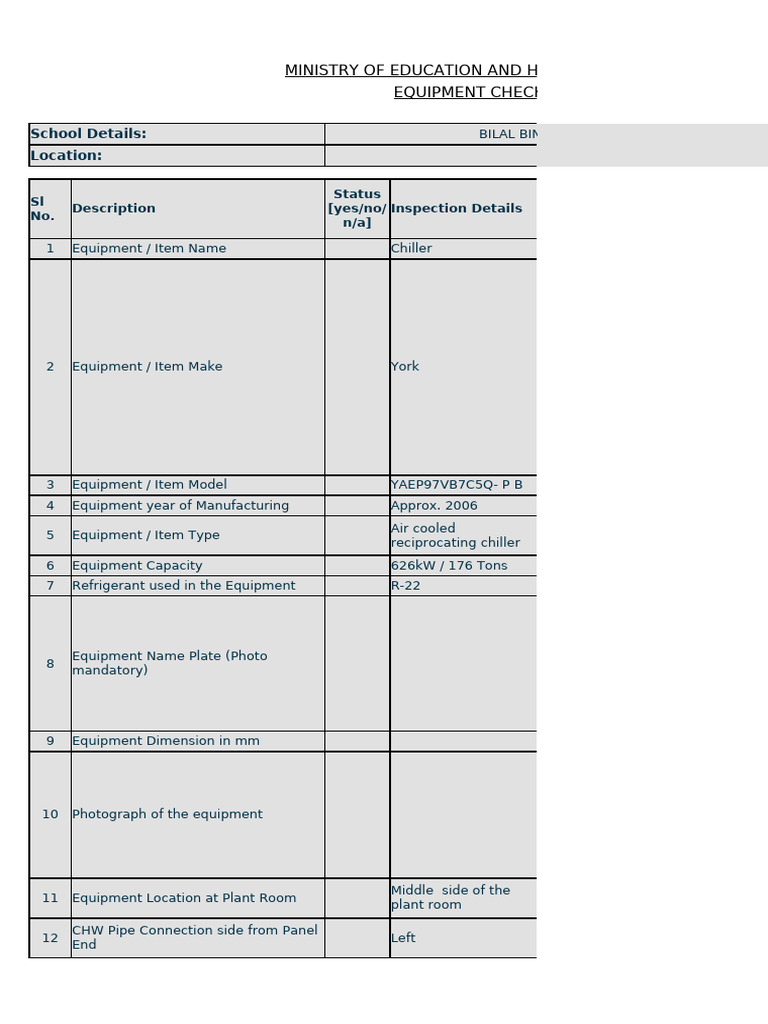 Chiller Equipment Inspection Checklist | PDF | Pump | Valve