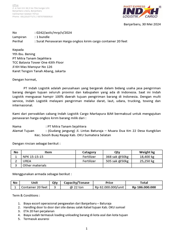 Penawaran Ongkos Kirim Cargo 20 Feet | PDF