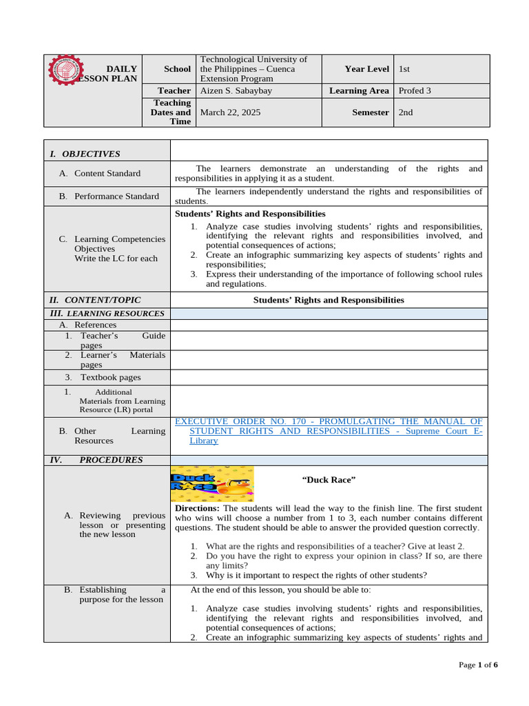 Students' Rights and Responsibilities Lesson | PDF | Lesson Plan | Teachers