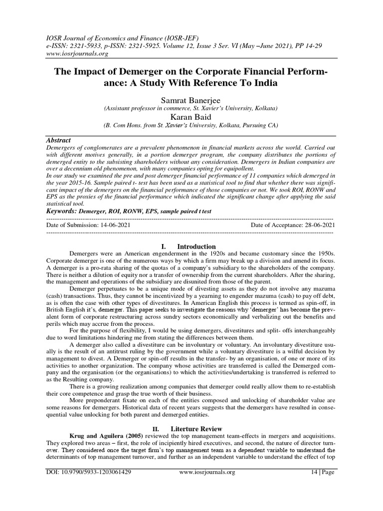 Impact of Demergers on Financial Performance | PDF | Mergers And ...