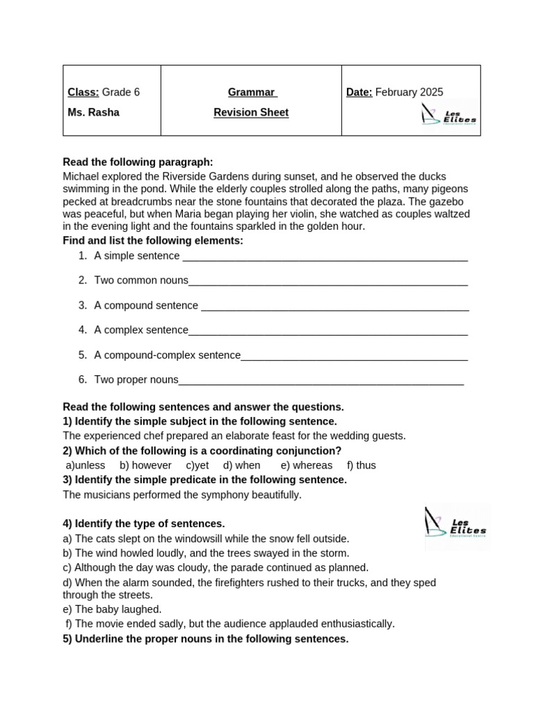 Grade 6 Grammar Revision Sheet | PDF | Subject (Grammar) | Linguistics