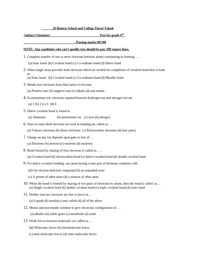 MCQs on Chemical Bonding for Grade 9 | PDF | Chemical Bond | Ion