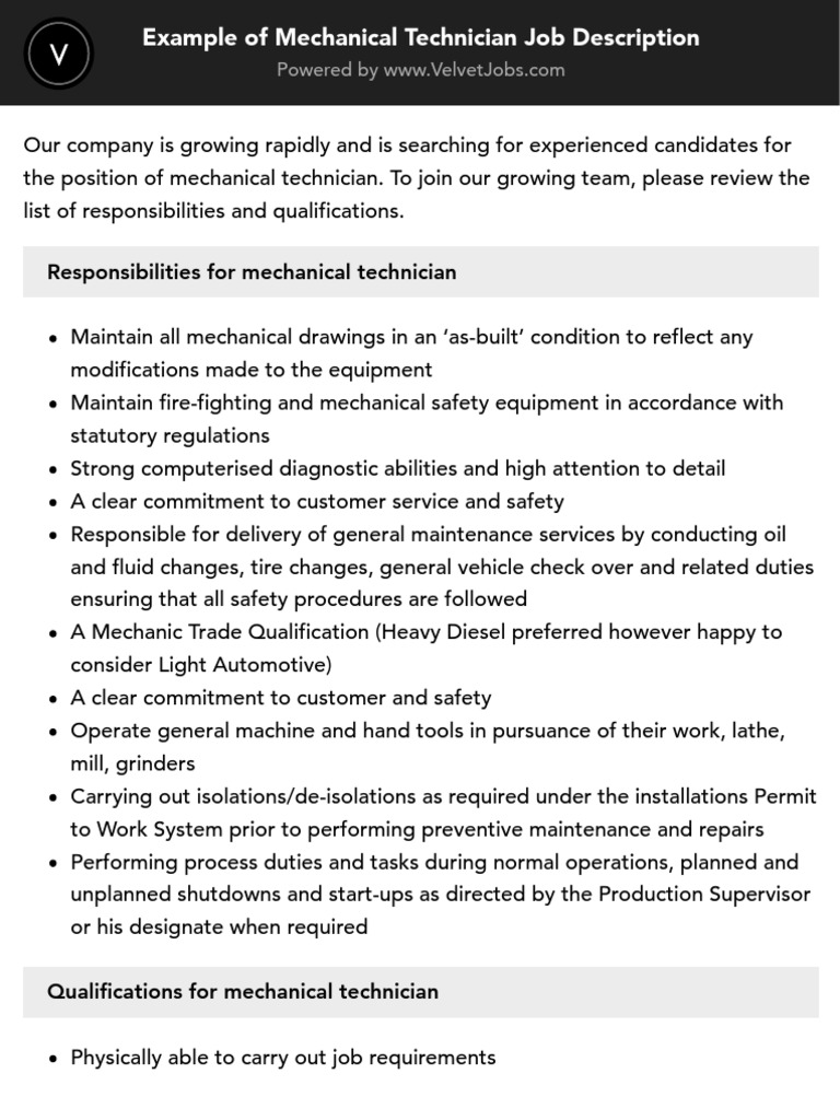 Mechanical Technician Job Opening | PDF