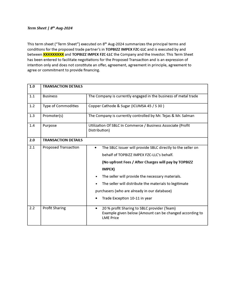 Term Sheet for TOPBIZZ IMPEX FZC-LLC | PDF
