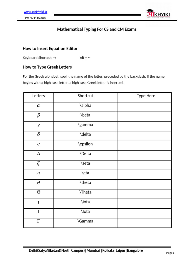 Mathematical Typing Shortcuts Guide | PDF | Greek Alphabet | Notation