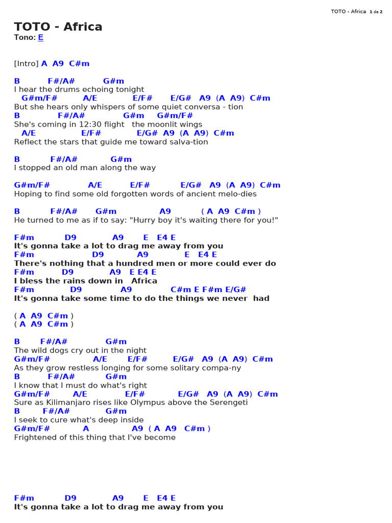 TOTO - Africa Lyrics and Chords | PDF | Songs Written