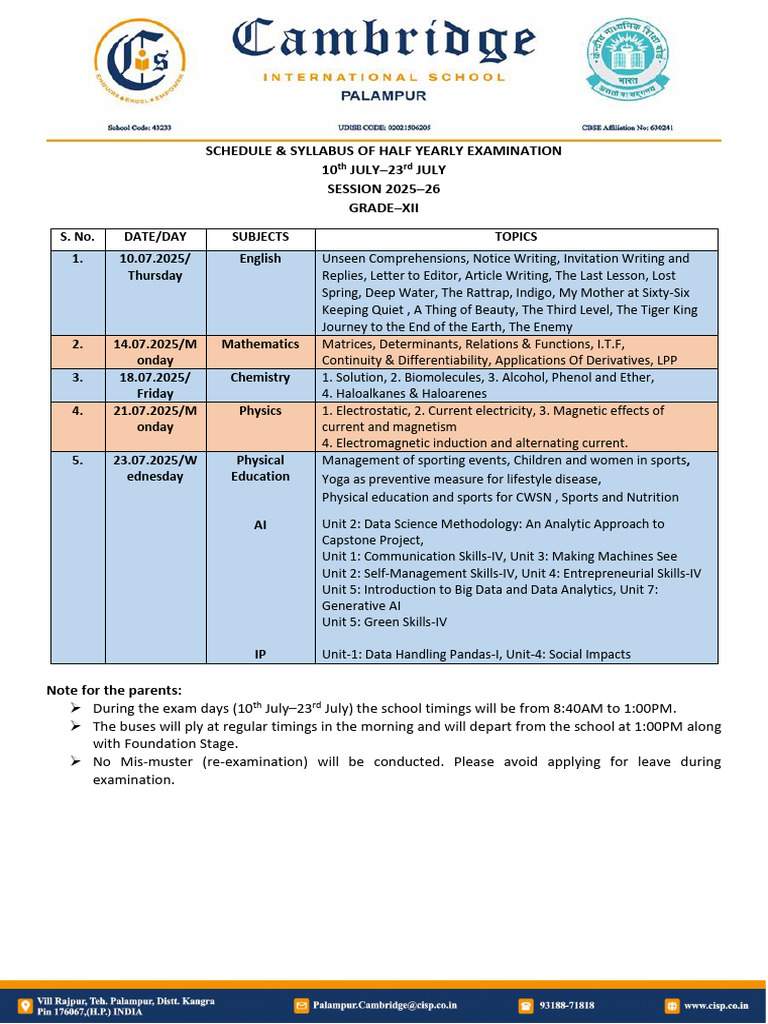 Grade XII Half Yearly Exam Schedule | PDF | Electromagnetism