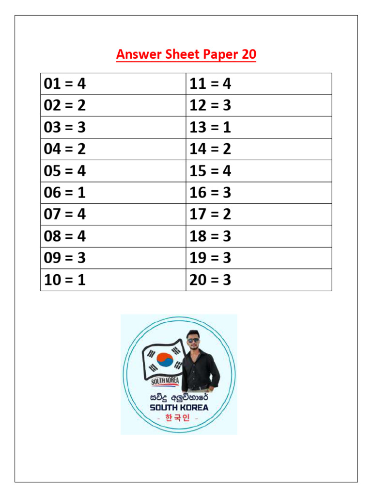 Answer Sheet Paper 20 Savidu Aluwihare | PDF