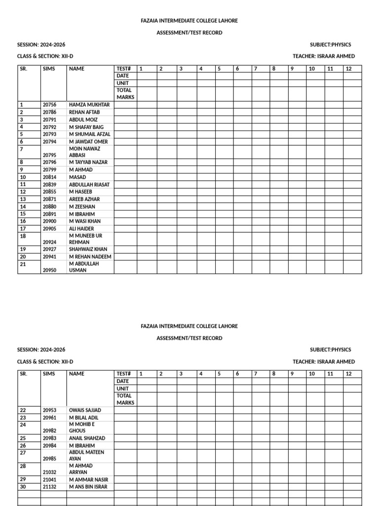 Physics Test Record XII-D 2024-2026 | PDF