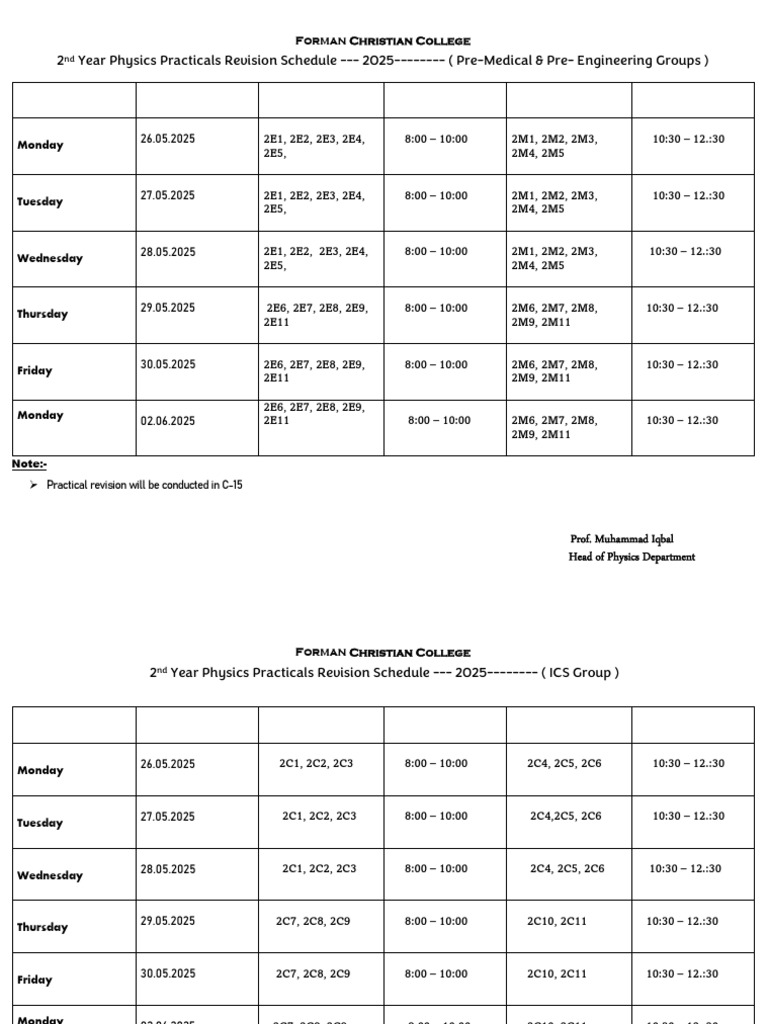 2025 Physics Practicals Revision Schedule | PDF