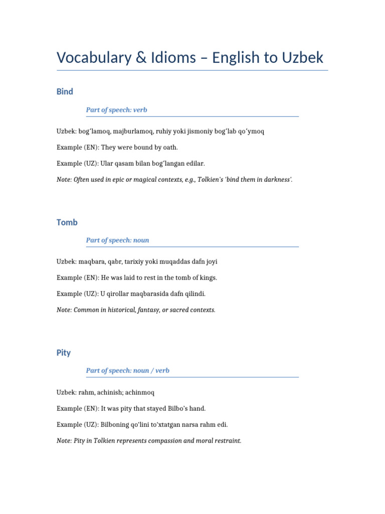 English-Uzbek Vocabulary Guide | PDF