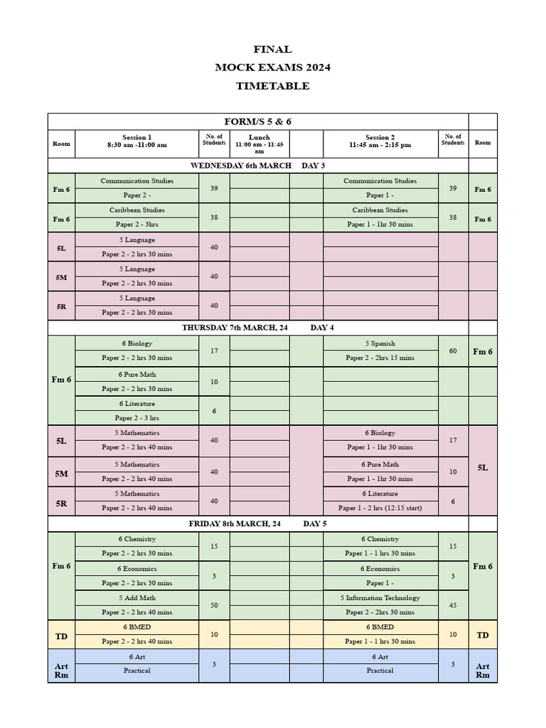 Mock Exams 2024 Timetable for Forms 5 & 6 | PDF | Science