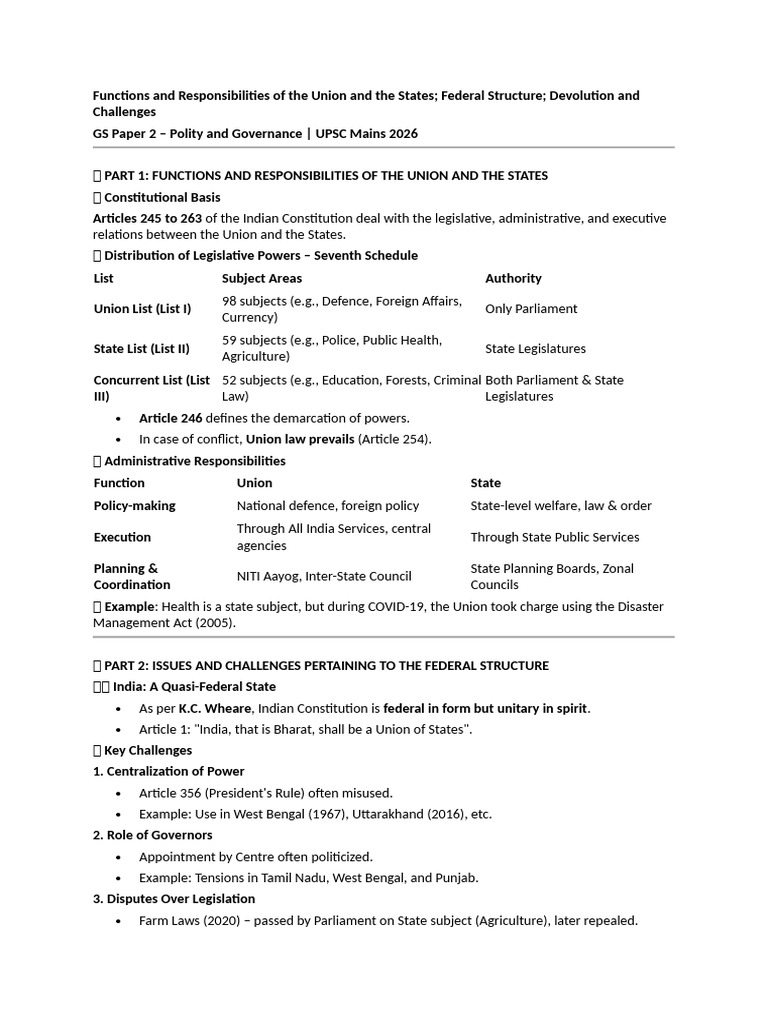 Functions and Responsibilities of The Union and The States | PDF ...