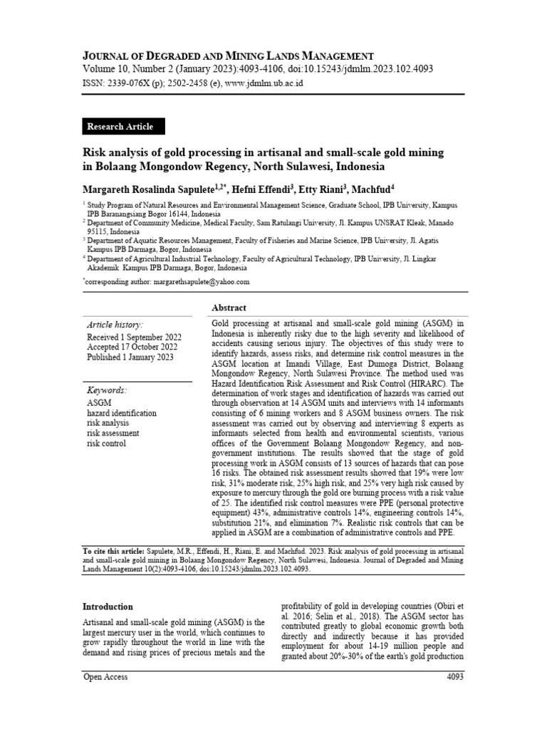 Risk Analysis of Gold Processing in Artisanal and Small-Scale Gold ...