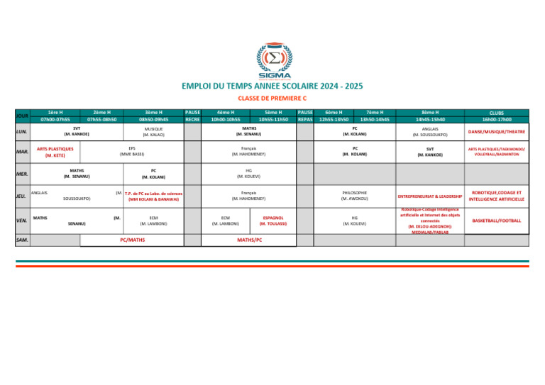 Emploi du temps Première C 2024-2025 | PDF