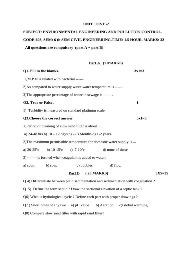 Unit Test 2, Sub Ee N PC, RBT, Hy 2024 | PDF | Pressure | Water