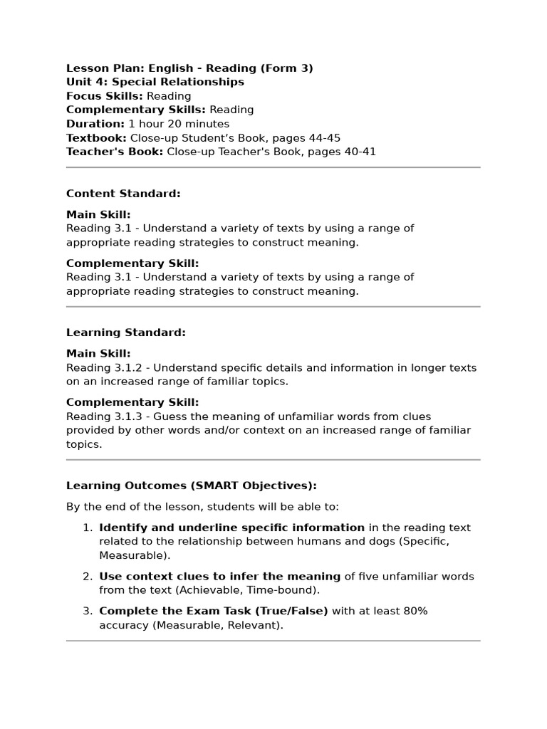 Form 3 English Reading Lesson Plan | PDF | Reading Comprehension | Learning