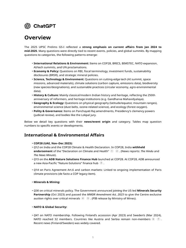 2025 UPSC Prelims GS-I Current Affairs Insights | PDF