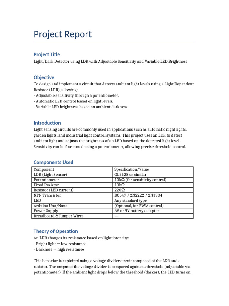 LDR Light/Dark Detector Project Report | PDF | Sensor | Resistor