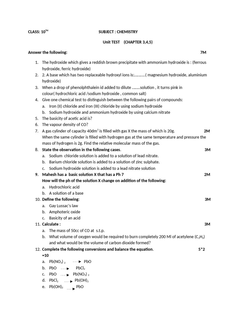 10th Grade Chemistry Unit Test Questions | PDF | Hydroxide | Acid