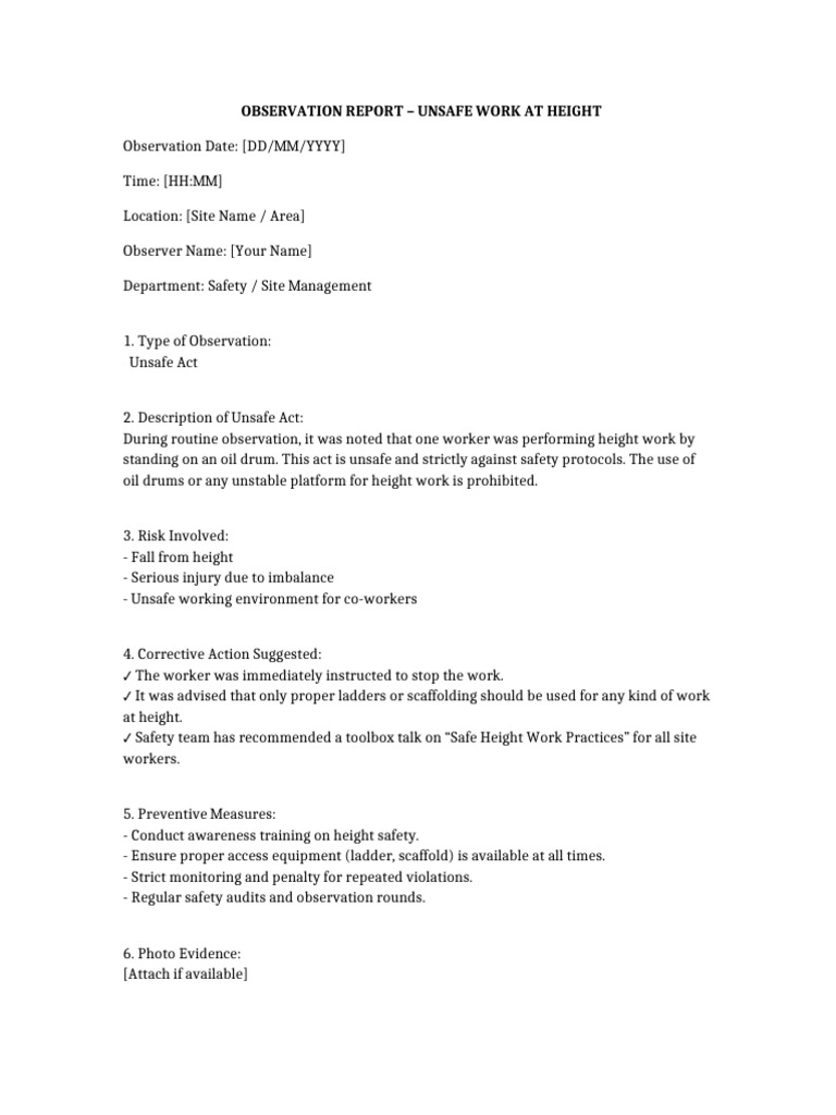 Unsafe Work at Height Observation Report | PDF