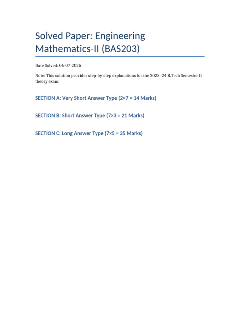 Solved Paper Engineering Math II BAS203 | PDF