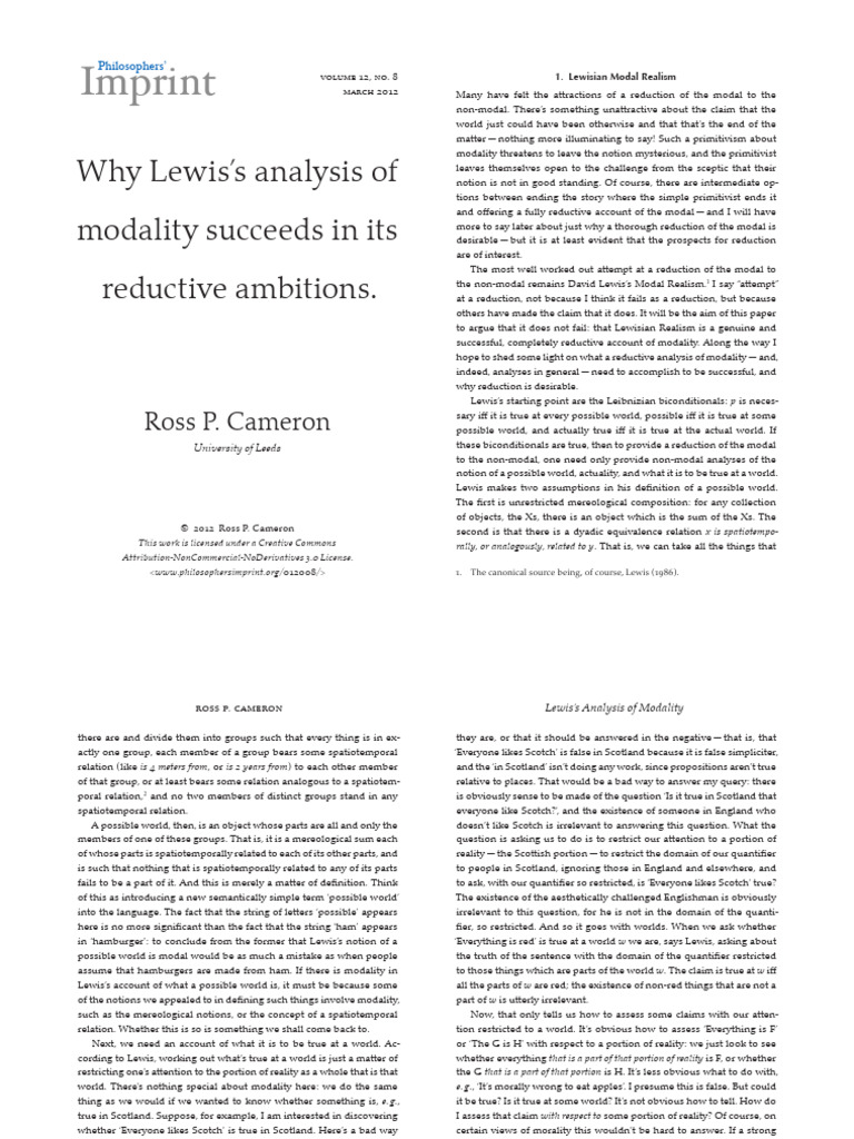 Why Lewiss Analysis of Modality Succeeds in Its Reductive | PDF | Modal ...