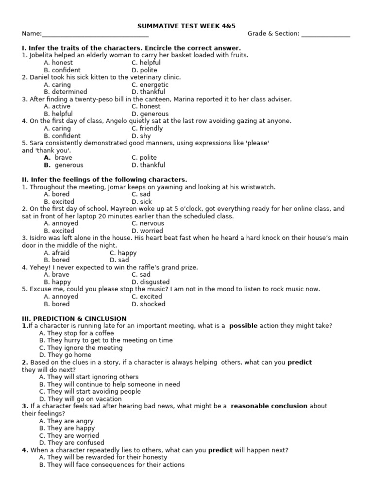 Character Traits and Feelings Assessment | PDF
