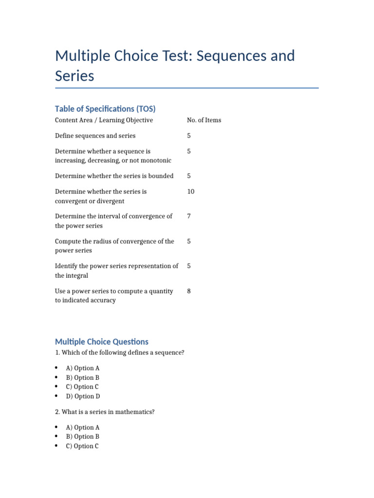 Multiple Choice on Sequences & Series | PDF | Sequence | Power Series