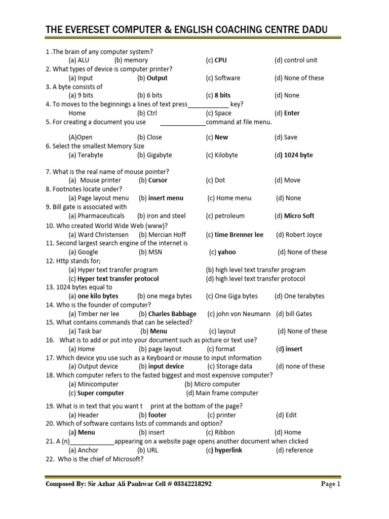 Computer Basics Quiz Questions | PDF | Microsoft Word | Byte