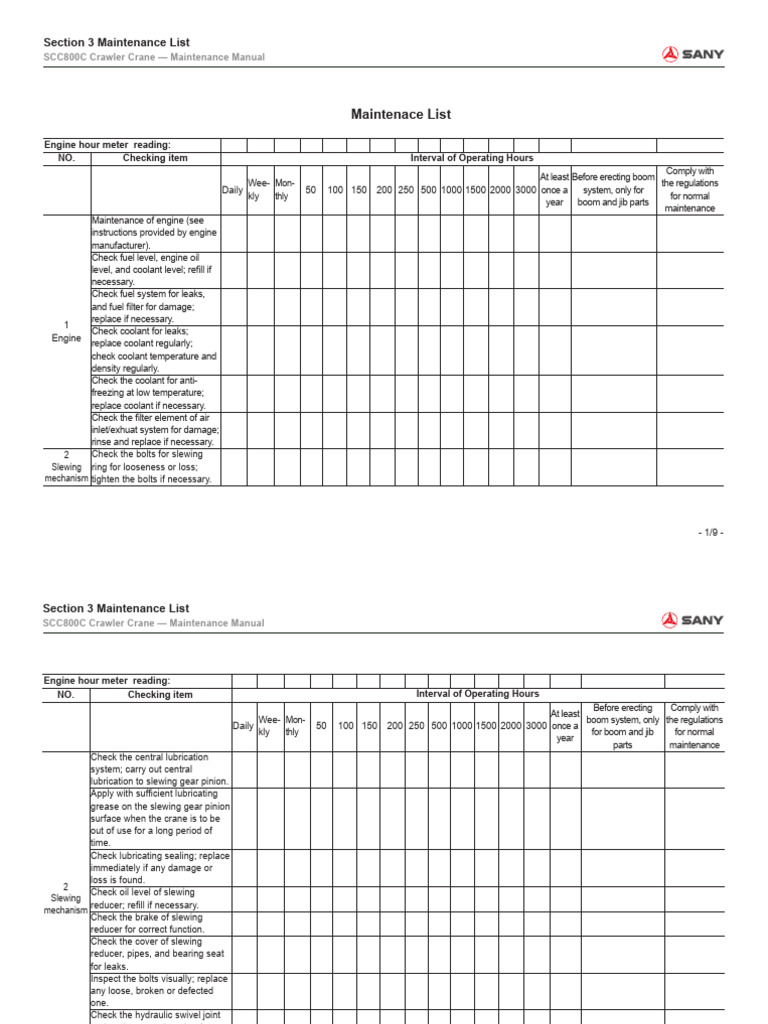 SCC800C Crane Maintenance Checklist | PDF | Crane (Machine ...
