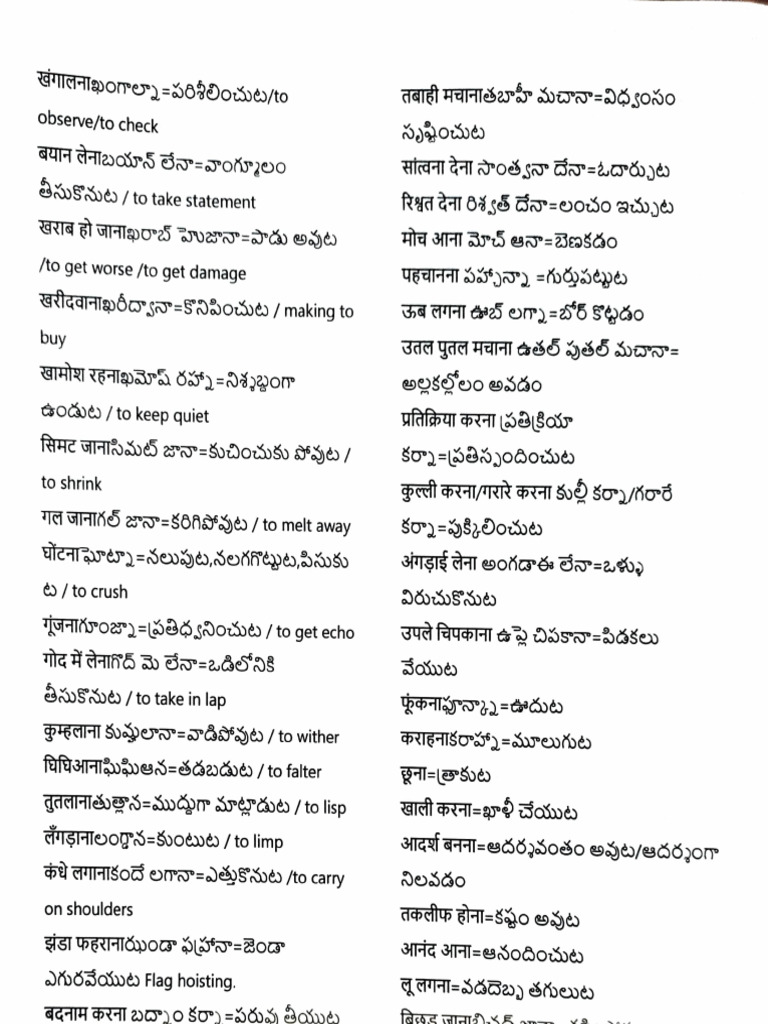 Telugu Verbs and Their Meanings | PDF